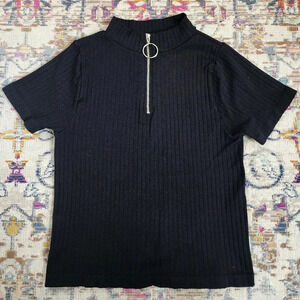 Bloom Seasons Y2K Black Rib Top Zipper Front Loop Cropish Girlhoodcore, sz Med